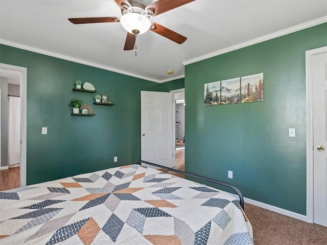 109 N 7th St, Owensville, MO 65066 - bedroom with ornamental molding, ceiling fan, baseboards, and carpet floors