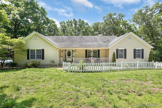 238 Skyway Dr, New Haven, MO 63068 - ranch-style house with a chimney, a shingled roof, and a porch