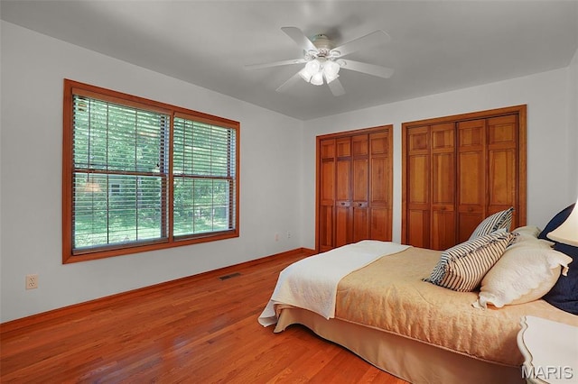 238 Skyway Dr, New Haven, MO 63068 - bedroom with two closets, light wood-style flooring, and ceiling fan