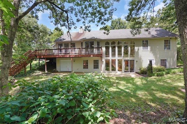 238 Skyway Dr, New Haven, MO 63068 - rear view of house featuring a wooden deck, stairs, a chimney, a yard, and a patio