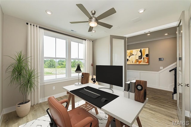 8919 E Gateway Hts Unit 94-804, Richmond Heights, MO 63144 - home office with light wood-style floors, ceiling fan, recessed lighting, and a wainscoted wall