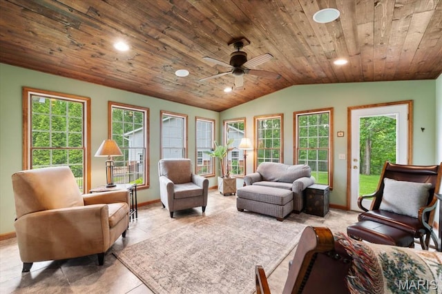 22 Fox Valley Ct, Lake St Louis, MO 63367 - living room featuring wooden ceiling, lofted ceiling, baseboards, ceiling fan, and recessed lighting
