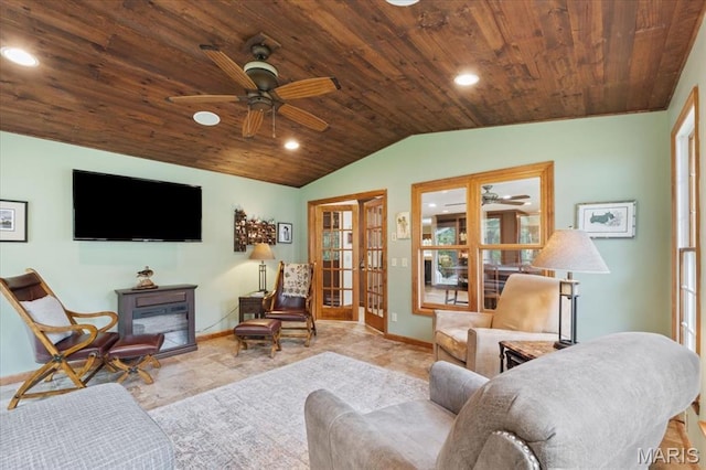 22 Fox Valley Ct, Lake St Louis, MO 63367 - living area featuring wood ceiling, vaulted ceiling, a ceiling fan, baseboards, and recessed lighting