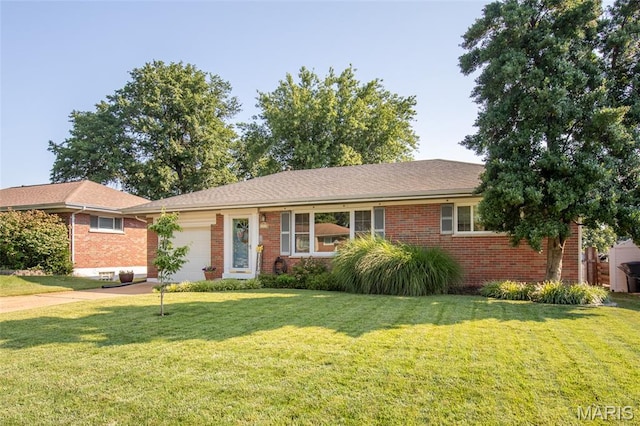4319 Sinnwell Dr, Saint Louis, MO 63123 - ranch-style house featuring an attached garage, brick siding, a front lawn, and concrete driveway