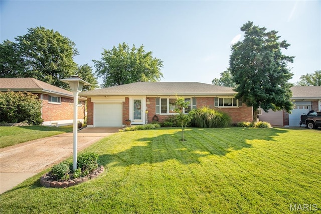 4319 Sinnwell Dr, Saint Louis, MO 63123 - ranch-style house featuring a garage, brick siding, concrete driveway, and a front lawn