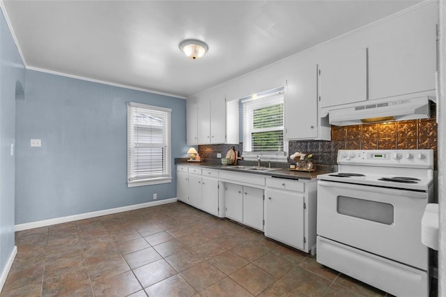 1545 N Main St, Cape Girardeau, MO 63701 - kitchen featuring under cabinet range hood, electric stove, dark countertops, ornamental molding, and a sink