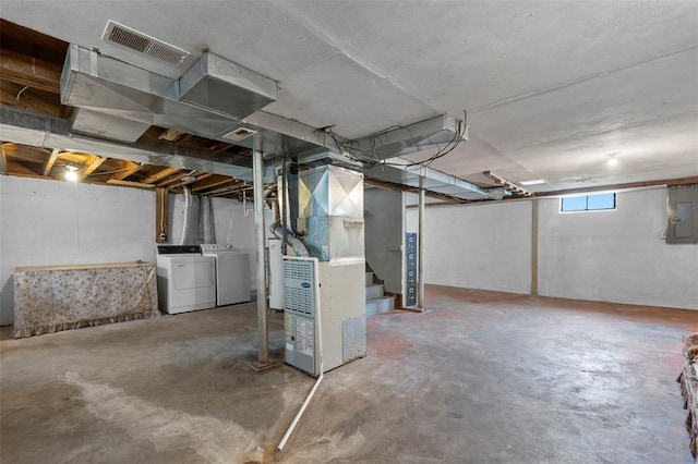 1545 N Main St, Cape Girardeau, MO 63701 - below grade area featuring independent washer and dryer, heating unit, electric panel, and stairs