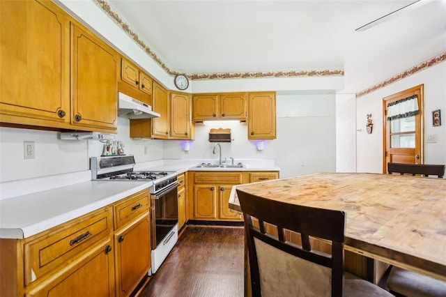 1961 E Union Ave, Litchfield, IL 62056 - kitchen with gas range oven, under cabinet range hood, a sink, light countertops, and dark wood-style floors