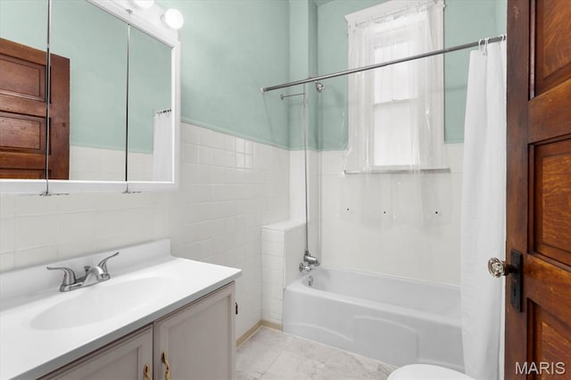 207 Voss Pl, Belleville, IL 62220 - full bath with vanity, shower / bath combination with curtain, tile walls, toilet, and tile patterned floors