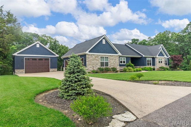 116 Brian Trl, Arnold, MO 63010 - view of front facade featuring stone siding, a detached garage, and a front lawn