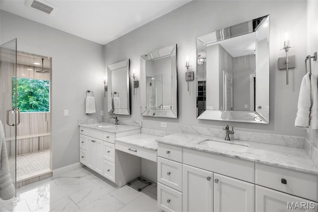 116 Brian Trl, Arnold, MO 63010 - bathroom with a shower stall, marble finish flooring, vanity, and baseboards