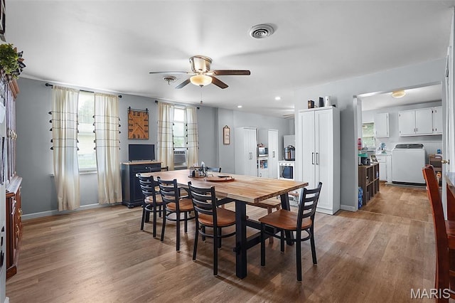 401 S Main St, New Florence, MO 63363 - dining space with washer / dryer, a ceiling fan, light wood-style floors, baseboards, and recessed lighting