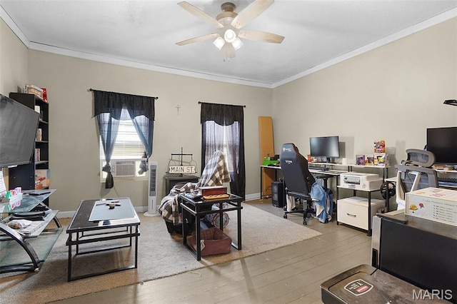 401 S Main St, New Florence, MO 63363 - office space featuring a ceiling fan, ornamental molding, hardwood / wood-style floors, cooling unit, and baseboards