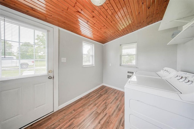 1707 S Mcarthur Ave, Salem, MO 65560 - washroom with washer and clothes dryer, wooden ceiling, baseboards, and light wood finished floors