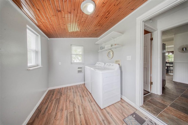 1707 S Mcarthur Ave, Salem, MO 65560 - laundry room featuring wooden ceiling, washing machine and dryer, baseboards, and wood finished floors