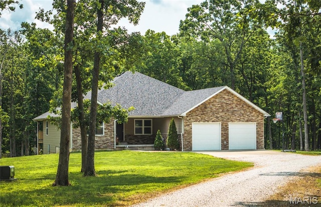 17050 Appaloosa Way, Rolla, MO 65401 - view of front of property featuring driveway, an attached garage, stone siding, a front lawn, and a shingled roof