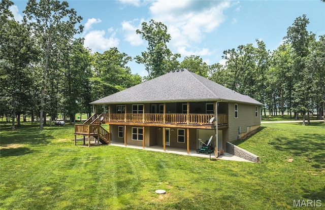 17050 Appaloosa Way, Rolla, MO 65401 - back of property with stairs, a patio, a wooden deck, a lawn, and roof with shingles
