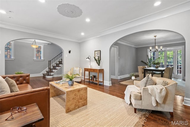 436 W Point Ct, Saint Louis, MO 63130 - living room with arched walkways, wood finished floors, recessed lighting, stairway, and ornamental molding