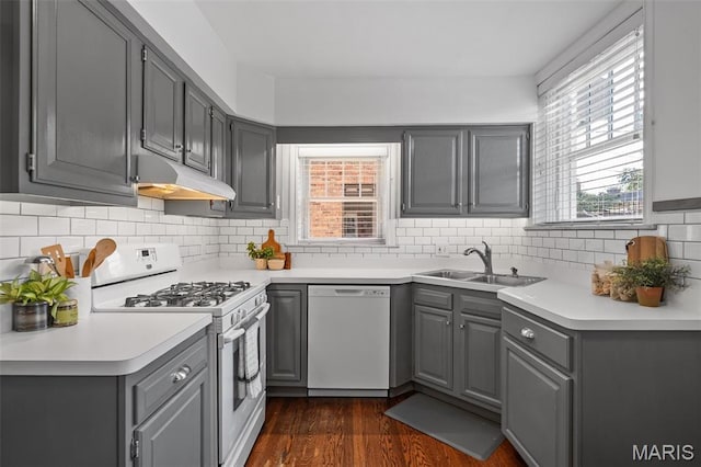 436 W Point Ct, Saint Louis, MO 63130 - kitchen with white appliances, gray cabinetry, under cabinet range hood, and light countertops