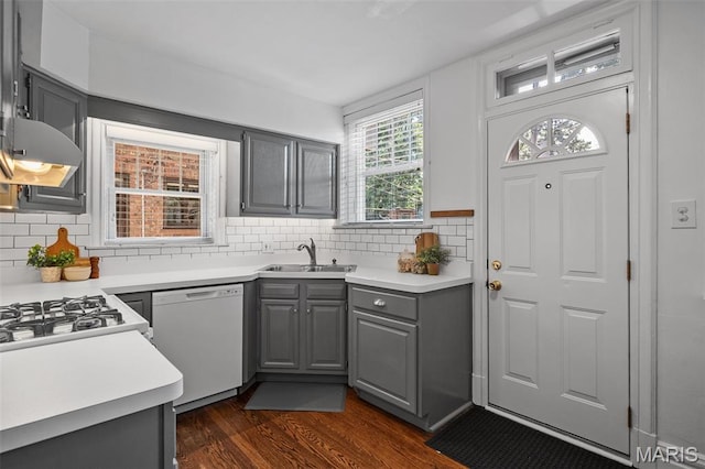 436 W Point Ct, Saint Louis, MO 63130 - kitchen with gray cabinets, white dishwasher, dark wood finished floors, and tasteful backsplash