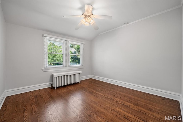 436 W Point Ct, Saint Louis, MO 63130 - unfurnished room featuring radiator heating unit, wood finished floors, crown molding, a ceiling fan, and lofted ceiling