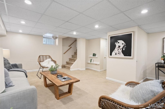 436 W Point Ct, Saint Louis, MO 63130 - living area with stairs, recessed lighting, light colored carpet, and a drop ceiling