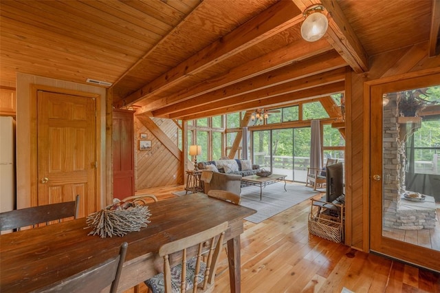 2441 Alpine Lake Dr, Innsbrook, MO 63390 - dining space featuring wood walls, light wood-type flooring, and wood ceiling with exposed beams