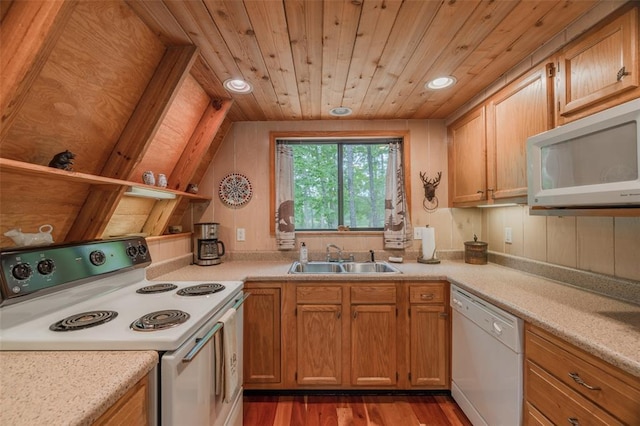 2441 Alpine Lake Dr, Innsbrook, MO 63390 - kitchen featuring white appliances, a sink, wooden ceiling, light countertops, and wood finished floors