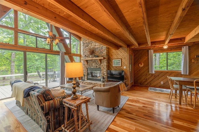 2441 Alpine Lake Dr, Innsbrook, MO 63390 - living area with wood-type flooring, wooden walls, a stone fireplace, and wood ceiling