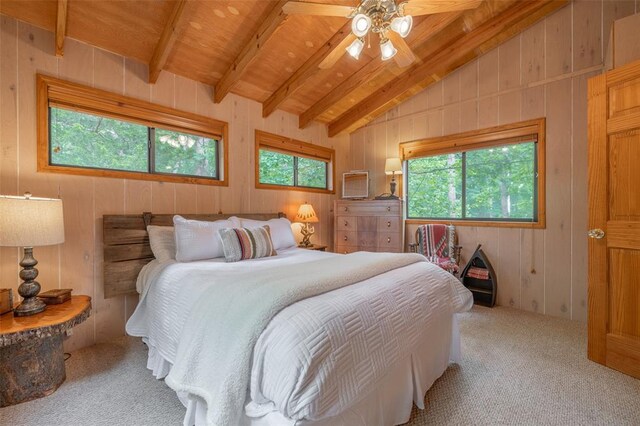 2441 Alpine Lake Dr, Innsbrook, MO 63390 - bedroom featuring carpet flooring, wooden walls, a ceiling fan, and wooden ceiling