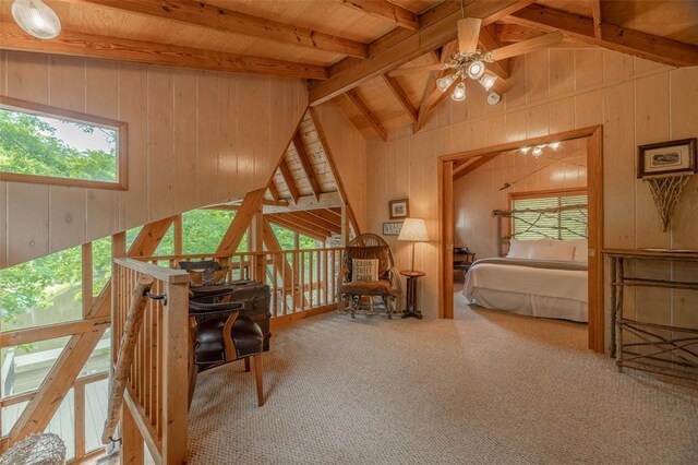 2441 Alpine Lake Dr, Innsbrook, MO 63390 - sitting room featuring a ceiling fan, carpet floors, wooden walls, and wood ceiling