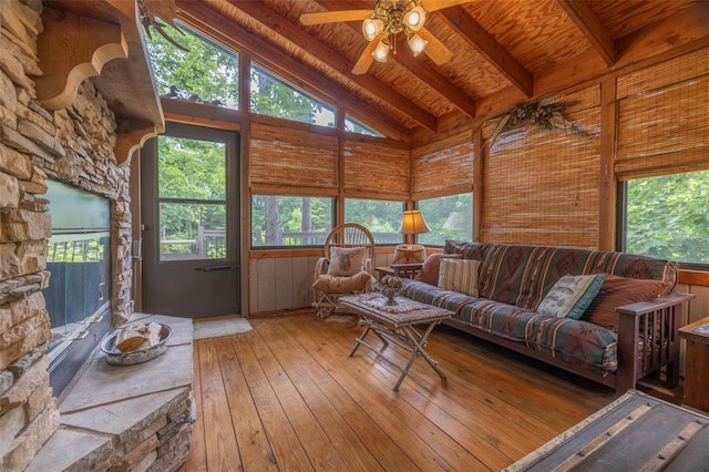 2441 Alpine Lake Dr, Innsbrook, MO 63390 - living room with ceiling fan, plenty of natural light, hardwood / wood-style flooring, wooden ceiling with exposed beams, and high vaulted ceiling