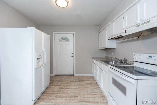 190 Anistasia Dr, Saint Louis, MO 63135 - kitchen with white appliances, white cabinetry, baseboards, a sink, and light countertops