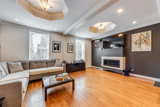2628 Indiana Ave, Saint Louis, MO 63118 - living room featuring a tray ceiling, hardwood / wood-style flooring, ornamental molding, a glass covered fireplace, and baseboards