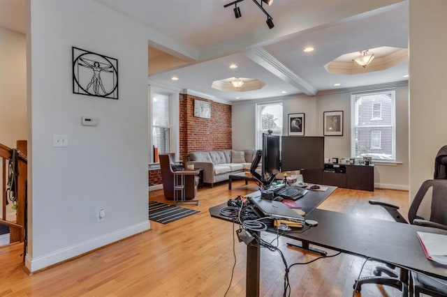 2628 Indiana Ave, Saint Louis, MO 63118 - living area featuring ornamental molding, a desk, light wood-style flooring, baseboards, and recessed lighting