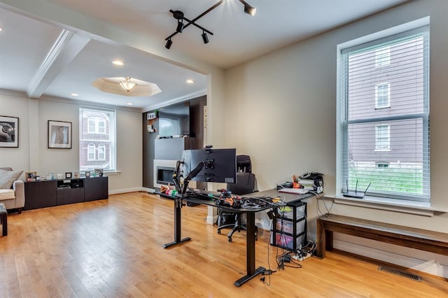 2628 Indiana Ave, Saint Louis, MO 63118 - office with wood finished floors, ornamental molding, recessed lighting, and baseboards
