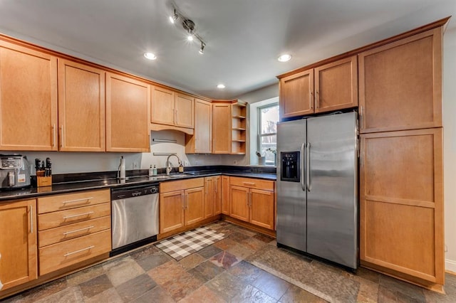 2628 Indiana Ave, Saint Louis, MO 63118 - kitchen with stainless steel appliances, open shelves, a sink, recessed lighting, and dark countertops