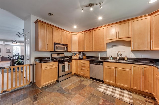 2628 Indiana Ave, Saint Louis, MO 63118 - kitchen with appliances with stainless steel finishes, recessed lighting, dark countertops, a sink, and dark stone finish floors