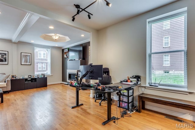 2628 Indiana Ave, Saint Louis, MO 63118 - office with wood finished floors, ornamental molding, recessed lighting, and baseboards