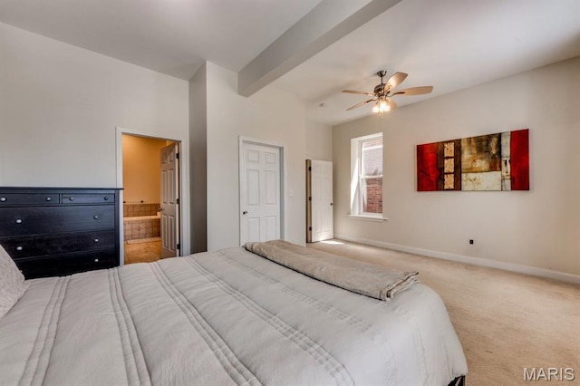 2628 Indiana Ave, Saint Louis, MO 63118 - bedroom with carpet floors, baseboards, ensuite bathroom, beamed ceiling, and ceiling fan
