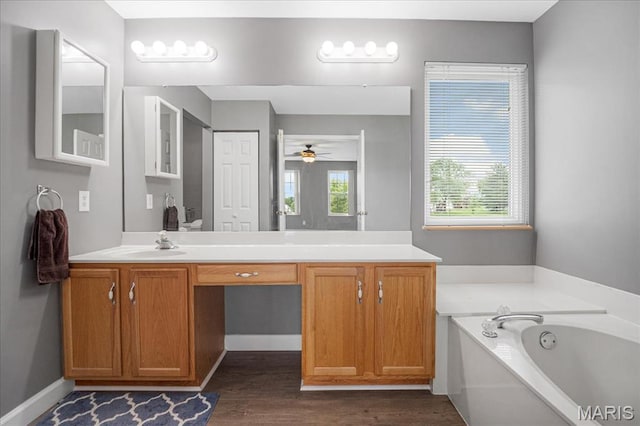 301 Sassafras Parc Dr, Ofallon, MO 63368 - full bathroom with a garden tub, vanity, wood finished floors, and ceiling fan
