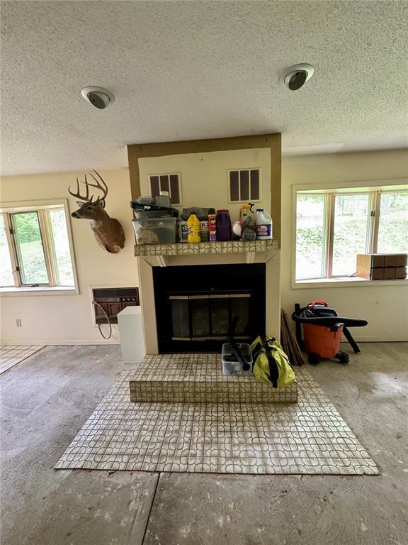 10321 Old 79, Hannibal, MO 63401 - living room featuring a fireplace, a textured ceiling, and a wall mounted AC