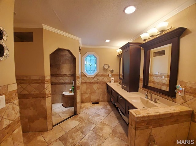 3 Janney Cir, Canton, MO 63435 - full bath with tile walls, wainscoting, double vanity, ornamental molding, and recessed lighting