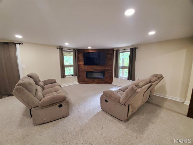 3 Janney Cir, Canton, MO 63435 - carpeted living area with recessed lighting, a large fireplace, and baseboards