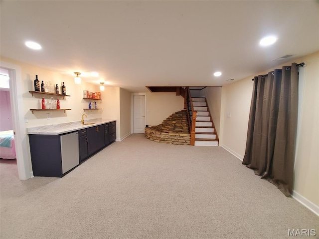 3 Janney Cir, Canton, MO 63435 - indoor wet bar featuring light carpet, stairway, recessed lighting, baseboards, and dishwasher