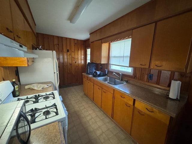 511 N 5th St, La Grange, MO 63448 - kitchen with a sink, white appliances, light flooring, under cabinet range hood, and wood walls
