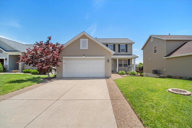 1406 Tisbury Cir, Ofallon, MO 63366 - traditional-style house featuring concrete driveway, a front yard, a garage, and central air condition unit