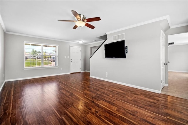 1406 Tisbury Cir, Ofallon, MO 63366 - unfurnished living room featuring ceiling fan, crown molding, baseboards, and wood finished floors