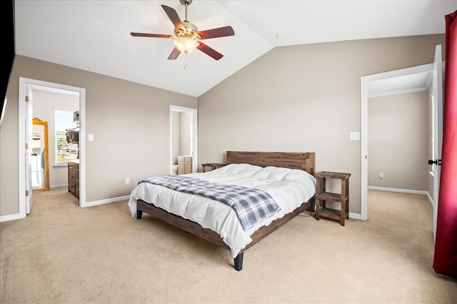 1406 Tisbury Cir, Ofallon, MO 63366 - bedroom featuring light carpet, vaulted ceiling, baseboards, a ceiling fan, and ensuite bathroom