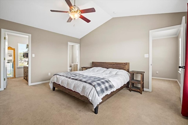 1406 Tisbury Cir, Ofallon, MO 63366 - bedroom featuring light carpet, vaulted ceiling, baseboards, and ceiling fan